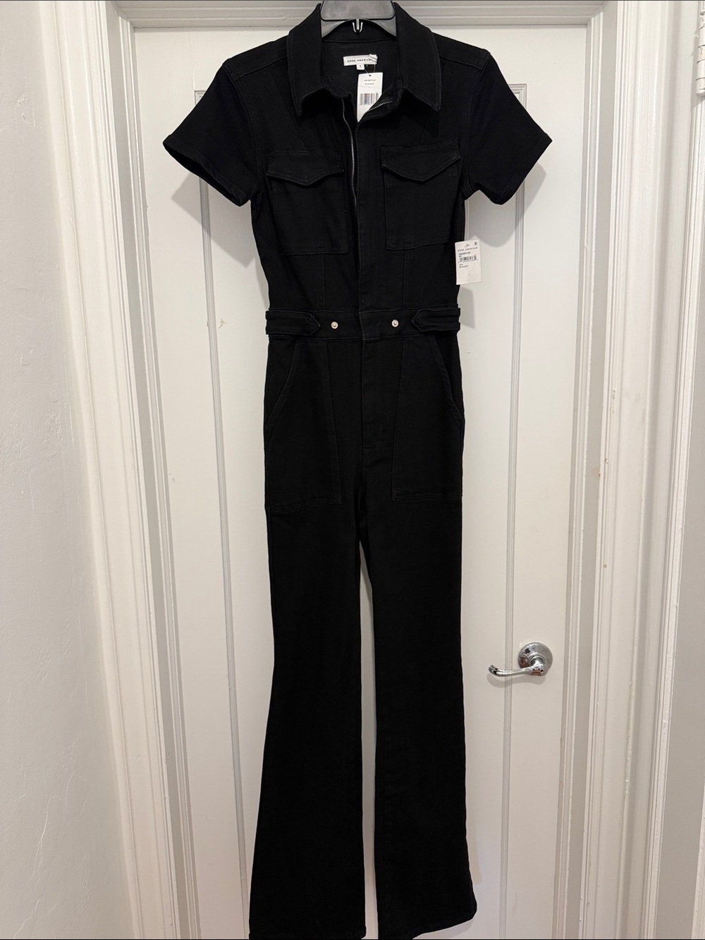 Good American Black Short-Sleeve Utility Jumpsuit with Front Zip